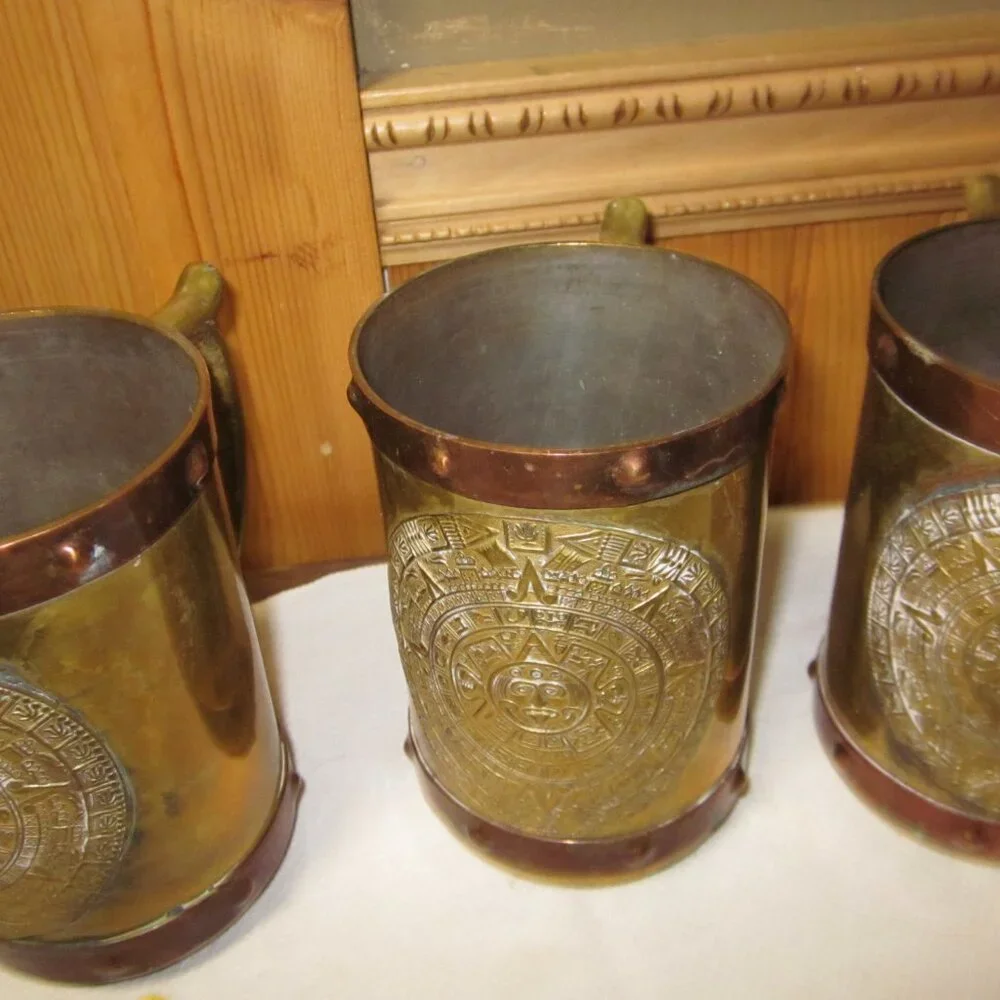 Vtg Mexican copper brass pitcher and mugs Myan Aztec calendar 5 mug pitcher 11in - Picture 5 of 8